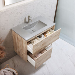 Homestylestore Light Oak 812mm Wall Hung Bathroom Vanity Unit Led Lit Open Shelf And Pebble Basin - thumbnail 2