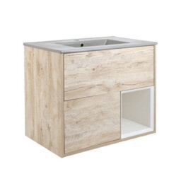 Homestylestore Light Oak 812mm Wall Hung Bathroom Vanity Unit Led Lit Open Shelf And Pebble Basin