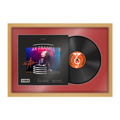 "AK Frames 25X17"" Country Pine Modern Vinyl Record Frame With Crimson Mount For 12 Inch Lp Cover & Disc - Overlapped Design" - image 1