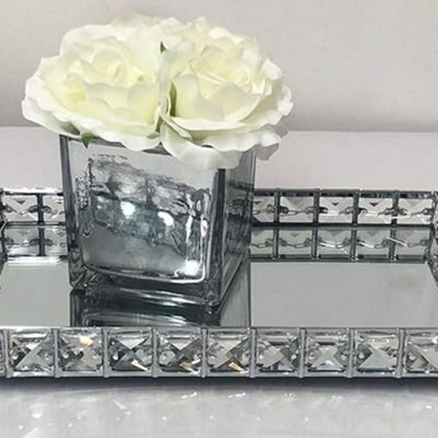 Biznest Decorative Crystal Chrome Mirrored Rectangular Display Vanity Candle Tray Wedding Table Plate 30Cmx19Cm