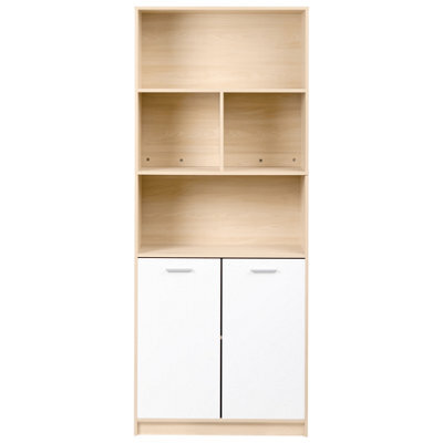 Wyld And Coco Novahome Two-Door Bookcase White And Light Brown, Tall Open Shelves And Concealed Cupboard - image 1