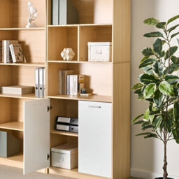 Wyld And Coco Novahome Two-Door Bookcase White And Light Brown, Tall Open Shelves And Concealed Cupboard - thumbnail 2
