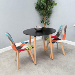 Life Interiors Patchwork Halo Round Dining Set With Black Round Dining Table And Set Of 2 Multicolored Fabric Chairs - thumbnail 1