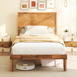 Costway Acacia Wood Bed Frame W/ Headboard No Box Spring Needed Single Size, Caramel - thumbnail 1