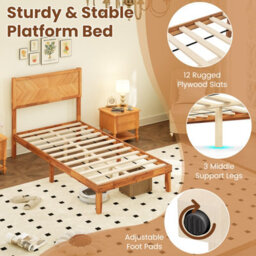 Costway Acacia Wood Bed Frame W/ Headboard No Box Spring Needed Single Size, Caramel - thumbnail 5