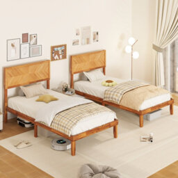 Costway Acacia Wood Bed Frame W/ Headboard No Box Spring Needed Single Size, Caramel - thumbnail 4