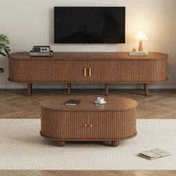 Btm Tv Stand Coffee Table Set Dark Walnut Mdf Tv Unit With 2 Drawers Sliding Doors Fits 70 Inch Tv
