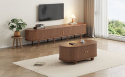 Btm Tv Stand Coffee Table Set Dark Walnut Mdf Tv Unit With 2 Drawers Sliding Doors Fits 70 Inch Tv - thumbnail 3