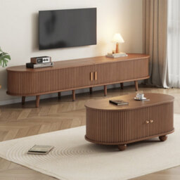 Btm Tv Stand Coffee Table Set Dark Walnut Mdf Tv Unit With 2 Drawers Sliding Doors Fits 70 Inch Tv - thumbnail 2