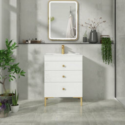 Royal Bathrooms Royal Bathroom Verona 600mm Gloss White 3-Drawer Floor Standing Bathroom Vanity Unit With Ceramic Basin & Brushed Brass Knob - thumbnail 4