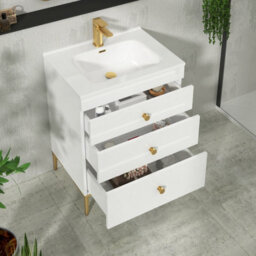 Royal Bathrooms Royal Bathroom Verona 600mm Gloss White 3-Drawer Floor Standing Bathroom Vanity Unit With Ceramic Basin & Brushed Brass Knob - thumbnail 5