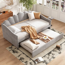 BTM Upholstered Bed, 3Ft Single Bed 90X190Cm, Trundle Bed, Daybed Sofa, Velvet, Grey