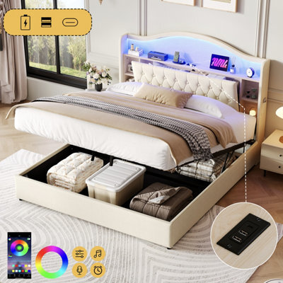 Btm 5Ft King Linen Hydraulic Bed, Led Curved Tufted Headboard With Hidden Storage   Usb Type C Ports, Beige - image 1