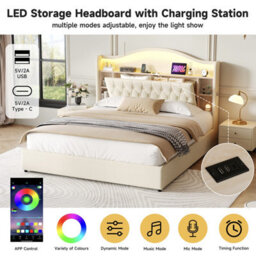 Btm 5Ft King Linen Hydraulic Bed, Led Curved Tufted Headboard With Hidden Storage   Usb Type C Ports, Beige - thumbnail 8
