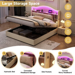 Btm 5Ft King Linen Hydraulic Bed, Led Curved Tufted Headboard With Hidden Storage   Usb Type C Ports, Beige - thumbnail 6