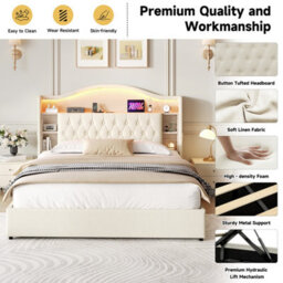 Btm 5Ft King Linen Hydraulic Bed, Led Curved Tufted Headboard With Hidden Storage   Usb Type C Ports, Beige - thumbnail 7