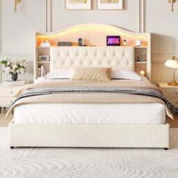 Btm 5Ft King Linen Hydraulic Bed, Led Curved Tufted Headboard With Hidden Storage   Usb Type C Ports, Beige - thumbnail 4