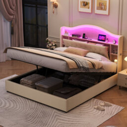 Btm 5Ft King Linen Hydraulic Bed, Led Curved Tufted Headboard With Hidden Storage   Usb Type C Ports, Beige - thumbnail 5