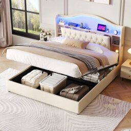 Btm 5Ft King Linen Hydraulic Bed, Led Curved Tufted Headboard With Hidden Storage   Usb Type C Ports, Beige - thumbnail 2
