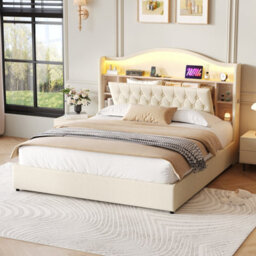 Btm 5Ft King Linen Hydraulic Bed, Led Curved Tufted Headboard With Hidden Storage   Usb Type C Ports, Beige - thumbnail 3