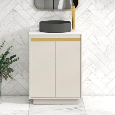 Royal Bathrooms Orion 600mm Warm Taupe Floor Standing Plain White Countertop Vanity Unit 2 Door With Art Round Basin & Brushed Brass Accent Trim - image 1