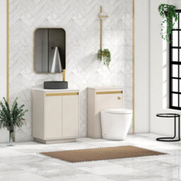 Royal Bathrooms Orion 600mm Warm Taupe Floor Standing Plain White Countertop Vanity Unit 2 Door With Art Round Basin & Brushed Brass Accent Trim - thumbnail 3
