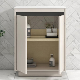 Royal Bathrooms Orion 600mm Warm Taupe Floor Standing Plain White Countertop Vanity Unit 2 Door With Art Round Basin & Brushed Brass Accent Trim - thumbnail 4