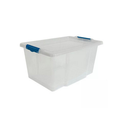 Set Of 3 50L Clear Plastic Storage Boxes With Blue Clip Lids Stackable, Durable And Ideal For Home, Office Or Garage Use - image 1
