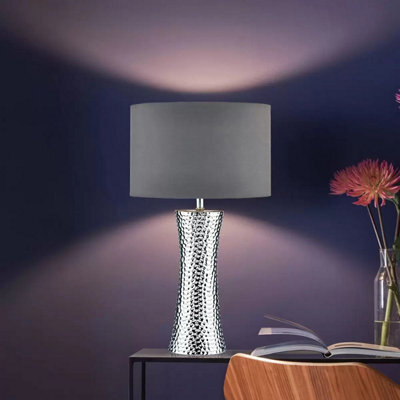 Xample Bokara Hammered Silver Ceramic Table Lamp With Grey Satin Shade E27 Bulb Modern Metallic Glazed Finish Lighting - image 1