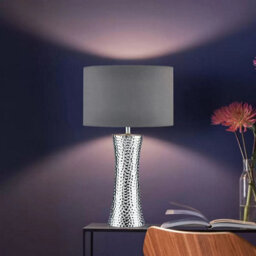 Xample Bokara Hammered Silver Ceramic Table Lamp With Grey Satin Shade E27 Bulb Modern Metallic Glazed Finish Lighting