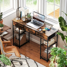 Homcom Computer Writing Desk With Power Outlets, Drawers, Shelves, Brown - thumbnail 1
