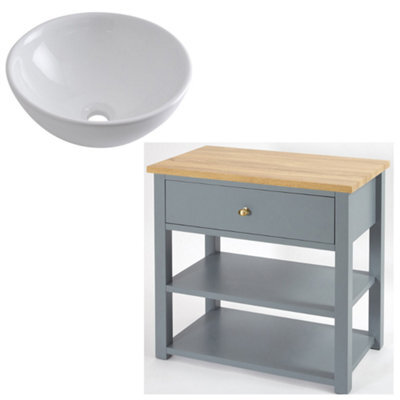 Homestylestore 840mm Light Grey And Oak Bathroom Vanity Unit With Round Countertop Basin And Gold Round Handle - image 1