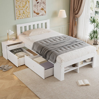 Btm 3Ft Single Wooden Storage Bed 90 X 190 Cm, Bedside Table, 2 Drawers, Storage Shelves, Reversible Layout, White - image 1