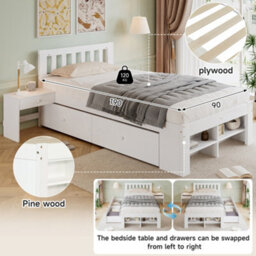 Btm 3Ft Single Wooden Storage Bed 90  X 190 Cm, Bedside Table, 2 Drawers, Storage Shelves, Reversible Layout, White - thumbnail 7
