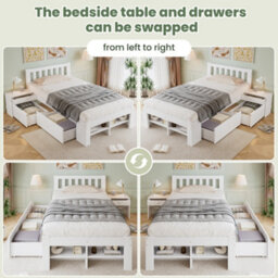 Btm 3Ft Single Wooden Storage Bed 90  X 190 Cm, Bedside Table, 2 Drawers, Storage Shelves, Reversible Layout, White - thumbnail 5