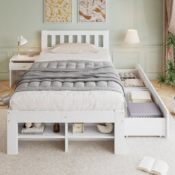 Btm 3Ft Single Wooden Storage Bed 90  X 190 Cm, Bedside Table, 2 Drawers, Storage Shelves, Reversible Layout, White - thumbnail 3