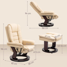 Homcom Swivel Manual Recliner And Footrest Set Pu Leather Lounge Chair Beige - thumbnail 3