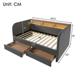 Abrihome Grey Linen 3Ft Daybed With Headboard Storage, Led Usb-C Light & 2 Drawers, 90X190Cm - thumbnail 5