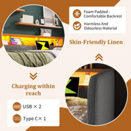 Abrihome Grey Linen 3Ft Daybed With Headboard Storage, Led Usb-C Light & 2 Drawers, 90X190Cm - thumbnail 2