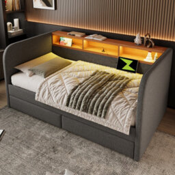 Abrihome Grey Linen 3Ft Daybed With Headboard Storage, Led Usb-C Light & 2 Drawers, 90X190Cm - thumbnail 8