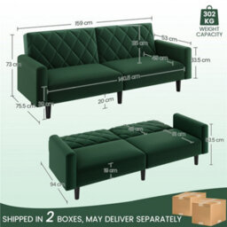 Yaheetech Velvet 2 Seater Convertible Sofa - Green - thumbnail 3