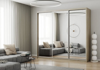 Fhif Dubai 250Cm Oak Sliding Door Wardrobe Modern Bedroom Storage With Full Length Mirror Shelves And Hanging Rails - image 1