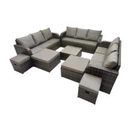 Fimous Rattan Garden Outdoor Furniture Set 3 Seater Sofa Square Coffee Table Set With 4 Stools Dark Grey Mixed - thumbnail 2