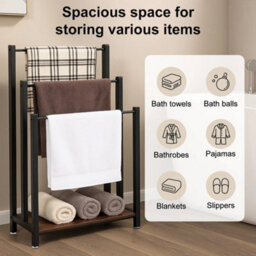Billtix Freestanding 3 Bar Metal Towel Rack With Shelf, Industrial Bathroom Storage Stand, In Black. - thumbnail 3