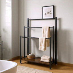 Billtix Freestanding 3 Bar Metal Towel Rack With Shelf, Industrial Bathroom Storage Stand, In Black. - thumbnail 5