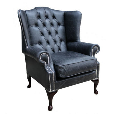 Chesterfield High Back Wing Chair Cracked Wax Black Real Leather In Mallory Style - image 1