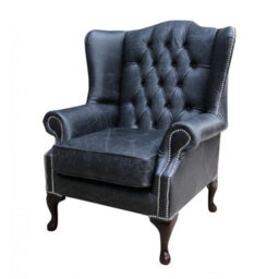 Chesterfield High Back Wing Chair Cracked Wax Black Real Leather In Mallory Style - thumbnail 3