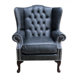 Chesterfield High Back Wing Chair Cracked Wax Black Real Leather In Mallory Style - thumbnail 2