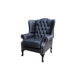 Chesterfield High Back Wing Chair Cracked Wax Black Real Leather In Mallory Style - thumbnail 5