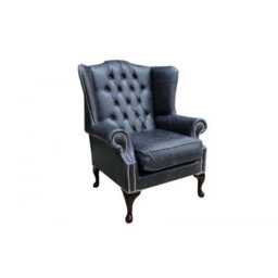Chesterfield High Back Wing Chair Cracked Wax Black Real Leather In Mallory Style - thumbnail 4